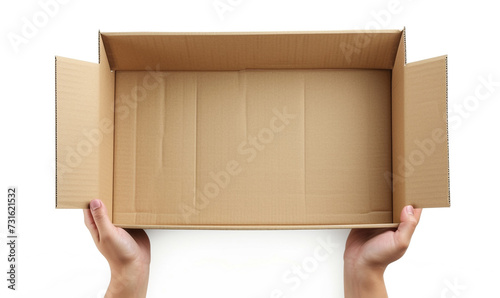hands hold an opened box cardboard on white background top view. © Lucianastudio
