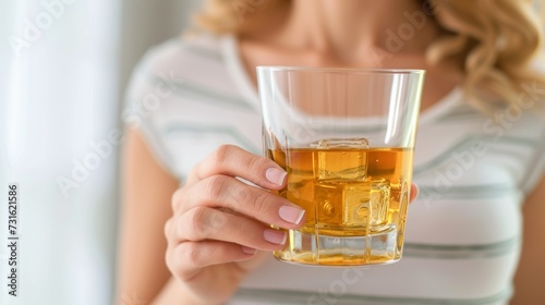 Sophisticated woman holding a glass of whiskey with blurred background and space for text placement
