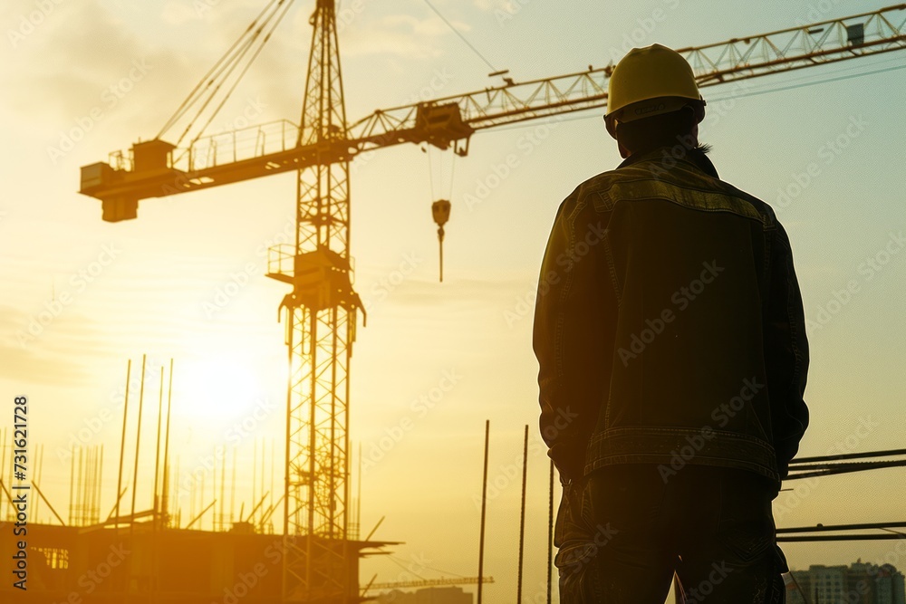 Heavy industry worker operating a large crane at a construction site under a clear sky.