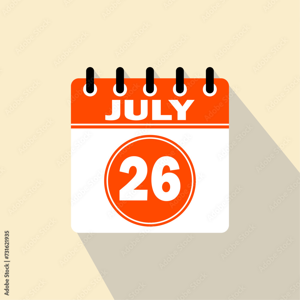 Icon calendar day - 26 July. 26 days of the month, vector illustration. Icon calendar day - 26 July. 26 days of the month, vector illustration.