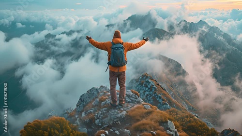 Male hiker reaches spot raising arms up overlooking beautiful mountain landscape. Traveler standing on rock looking at incredible highlands landscape raising arms for victory and success 4k video  photo