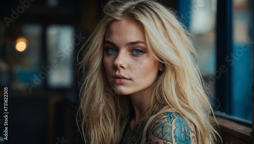 A beautiful young girl with long tousled blonde hair, blue eyes, tattoos on her arms. generative AI