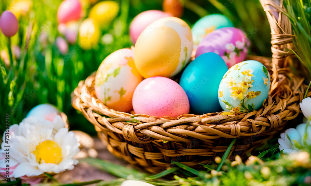Easter strong eggs in a basket in the garden. Selective focus.