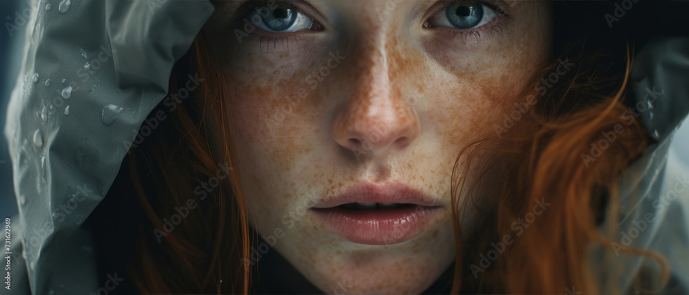 A close-up portrait of a military woman in a hood. Military fashio A close-up portrait of a military woman in a hood. Military fashio