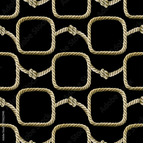 Seamless pattern watercolor Rope with knot square border. Ropes, rounded borders, decorative of marine cable frame. Endless loop twisted hand drawn illustration. Nautical knot on black background.