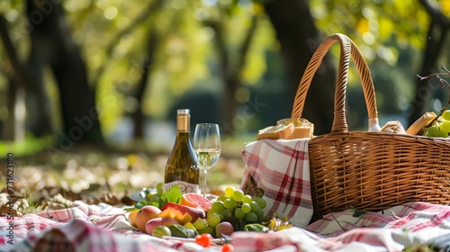 Picnic Basket with Wine and Fresh Fruits in Sunny Park
