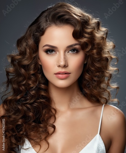 Vogue style close-up portrait of beautiful woman with long curly hair