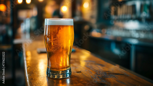 beer glass with foam in pub alcohol beverage