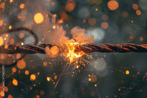 Electrical cable on fire  hazard concept, closeup photo