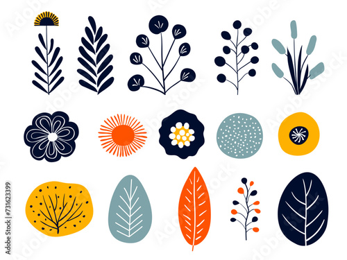 Simple abstract hand drawn different shapes and doodles. Botanical nature flowers and leaves, elements of modern fashion vector illustration of objects.
