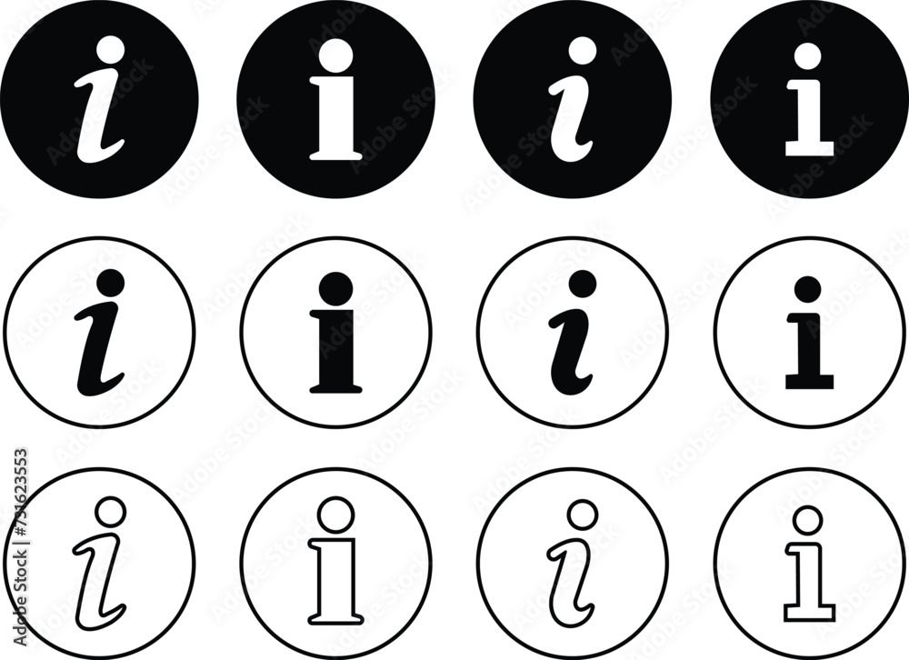 Info icons set. Information black circle vector flat or line collection isolated on transparent background. Info button in different style. Info symbol editable stock for mobile apps and websites. Info icons set. Information black circle vector flat or line collection isolated on transparent background. Info button in different style. Info symbol editable stock for mobile apps and websites.