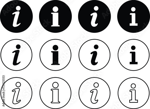 Info icons set. Information black circle vector flat or line collection isolated on transparent background. Info button in different style. Info symbol editable stock for mobile apps and websites.