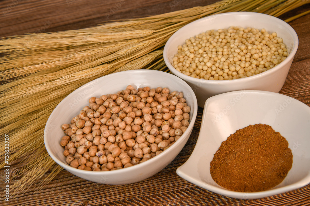 Durum wheat semolina, chickpea and Lebanese spice pearls, High quality photo Durum wheat semolina, chickpea and Lebanese spice pearls, High quality photo