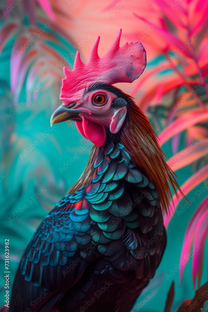 Close-up portrait of a bizarre wild animal with blue and pink neon lights. A confident crowing rooster from the exotic rainforest. Colorful leaves in background.