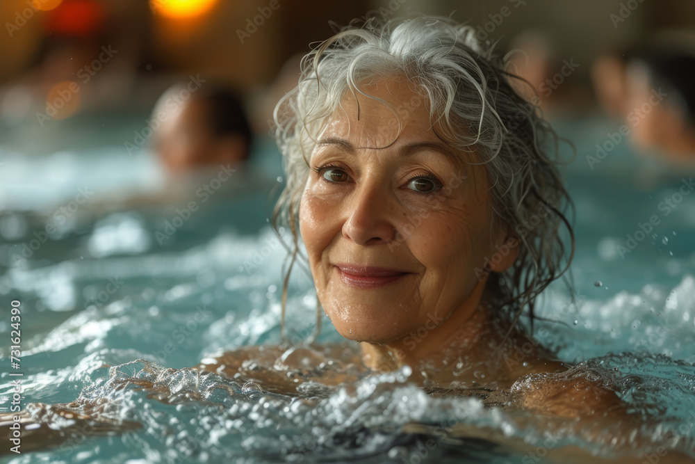 An image of a joyful senior woman participating in a water aerobics class, highlighting the importance of staying physically active and maintaining fitness in older age. Generative Ai. An image of a joyful senior woman participating in a water aerobics class, highlighting the importance of staying physically active and maintaining fitness in older age. Generative Ai.