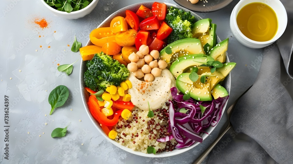 Colorful Vegan Buddha Bowl with Fresh Vegetables and Quinoa