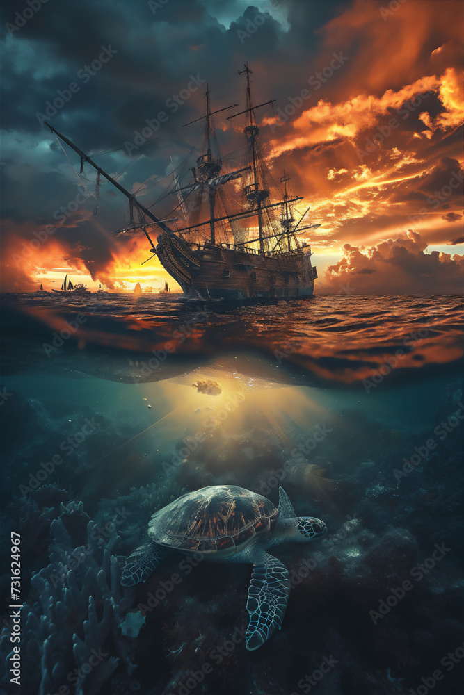 turtle in the ocean with sailing ship and dramatic clouds turtle in the ocean with sailing ship and dramatic clouds