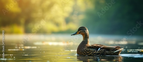 A waterfowl bird with feathers is peacefully swimming in the natural landscape of a sunny lake, using its beak to navigate the liquid fluid. photo