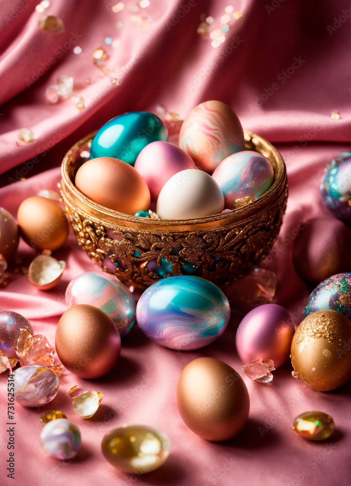 Obraz premium holographic Easter eggs on a shiny background. Selective focus.