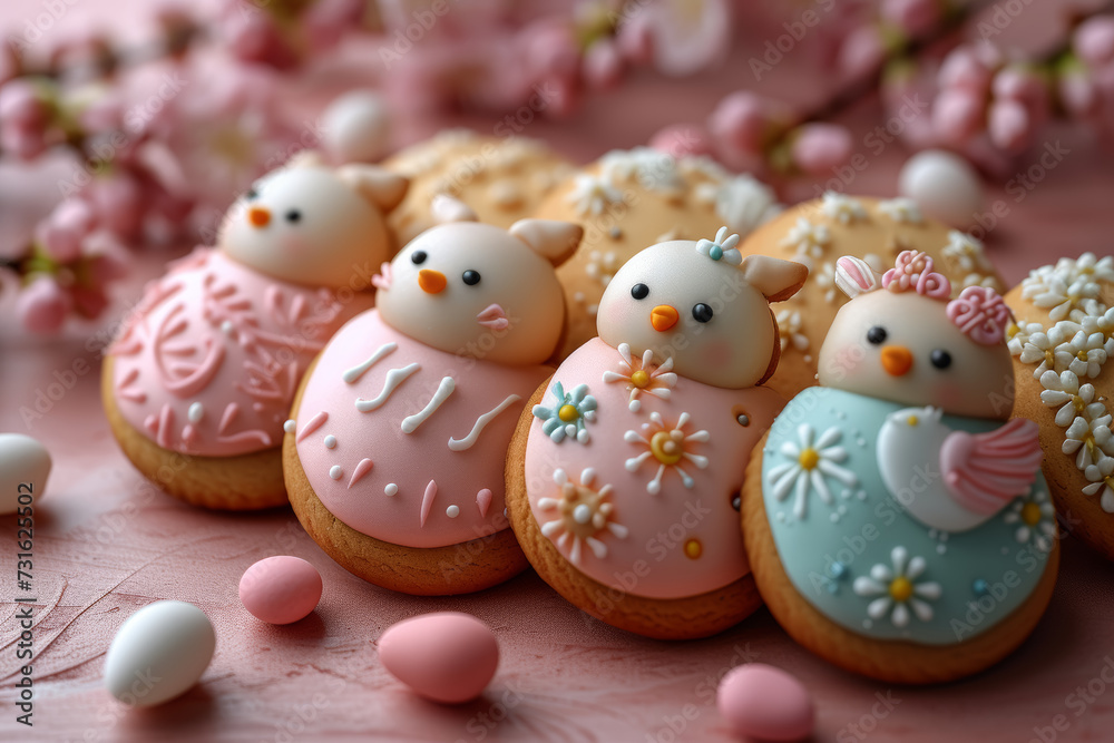 Quaint Easter-themed cookies shaped like bunnies, eggs, and chicks, tempting with delightful flavors. Concept of Easter cookie art. Generative Ai.