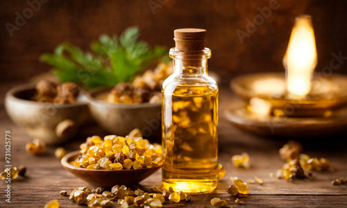 frankincense essential oil in a bottle. Selective focus.
