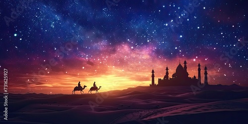 Desert Caravan under Starry Night: A silhouette of a caravan traveling through a starlit desert towards a distant mosque, symbolizing the journey of faith, with Welcome Ramadan in stylish lettering