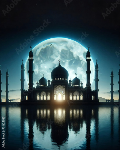 mosque with minaret under the full moon and blue night sky, islamic background design