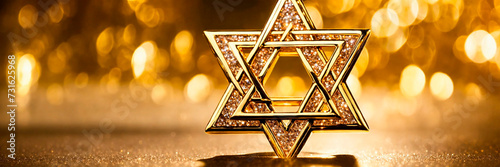 golden star of David on a golden background. Selective focus. photo