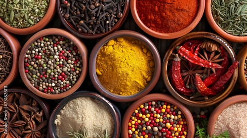 Assortment of Spices and Herbs in Terracotta Bowls