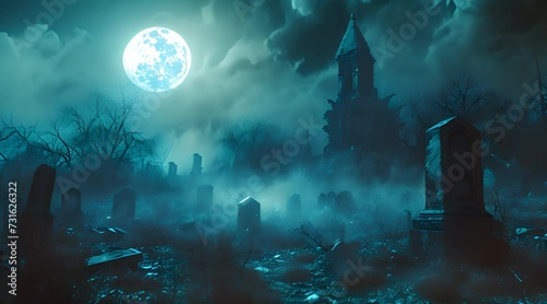 Graveyard with a crypt at night with full moon, tombstones and mysterious swirling fog photo