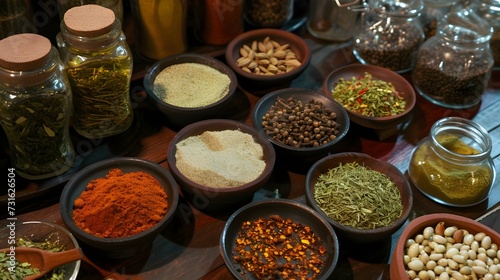 Assortment of Spices and Herbs in Various Containers