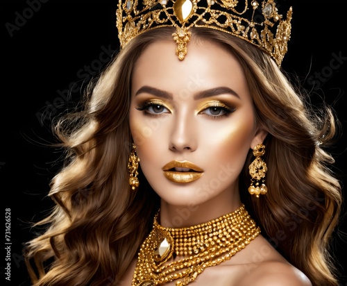 Beauty fashion model girl with golden make up, hair and jewellery on black background