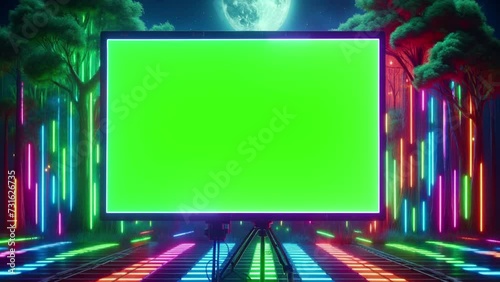 TV with a green screen against the backdrop of a night neon forest with the moon. photo