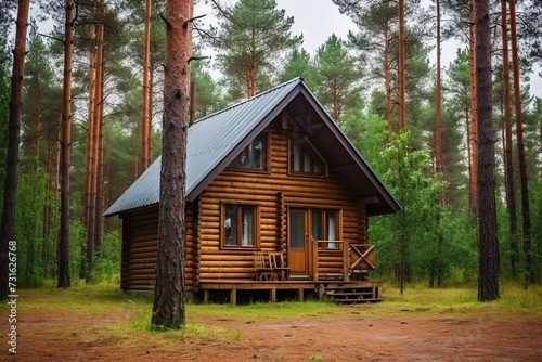  Small wooden house or cabin in a pine forest for recreation  camping in the forest  barbecue in nature
