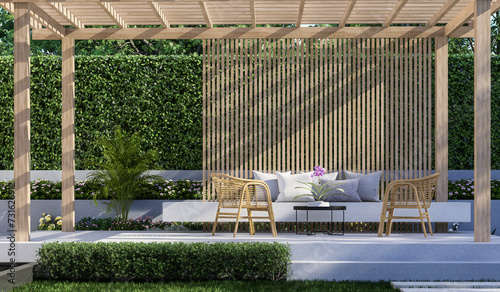 Modern contemporary style wooden pavilion with green wall background 3d render, there are polished concrete floor decorated with wooden slats furnished with rattan chair