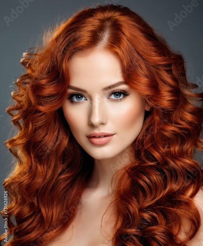 Beautiful model girl with long red curly hair .Red head advertising for hair products