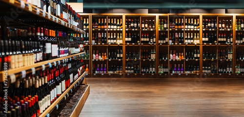 Composite image of liquor store. Wine and champaign bottles on shelves in liquor store. 