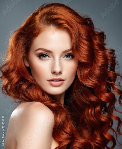 Beautiful model girl with long red curly hair .Red head advertising for hair products