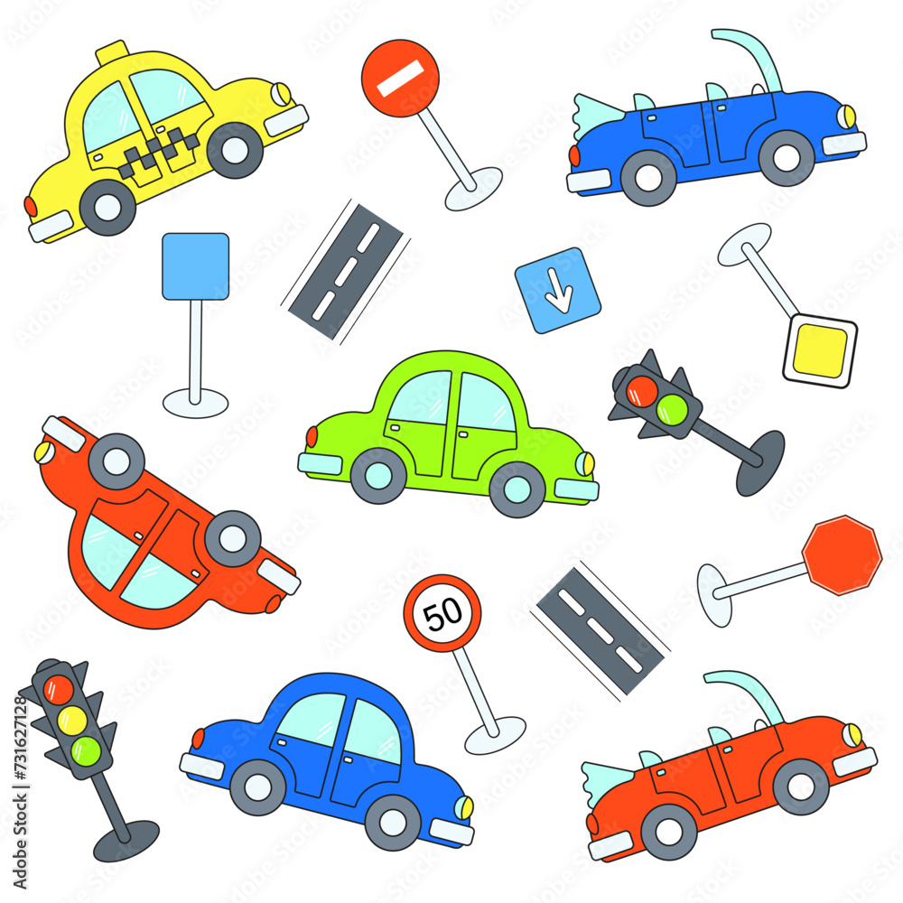 Set of cartoon colored cars, traffic lights, road signs on white background. Vector illustration. Set of cartoon colored cars, traffic lights, road signs on white background. Vector illustration.