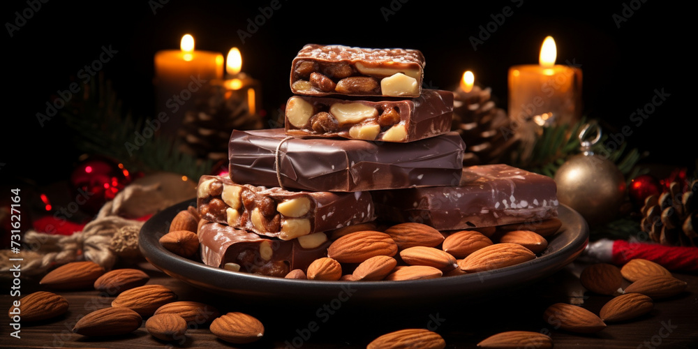 assortment of different types of chocolate with nuts. dessert food.
