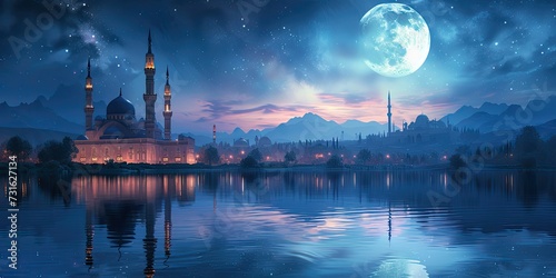 Ramadan Reflection Pond: A tranquil scene of a mosque reflected in a still pond under the moonlight, encouraging reflection and peace, with Reflective Ramadan in elegant, serene lettering