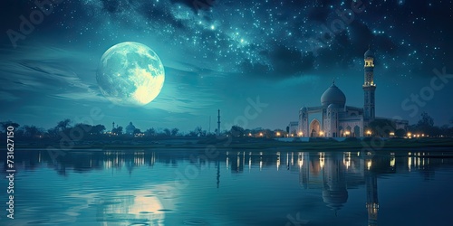 Ramadan Reflection Pond: A tranquil scene of a mosque reflected in a still pond under the moonlight, encouraging reflection and peace, with Reflective Ramadan in elegant, serene lettering © SurfacePatterns