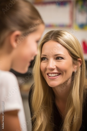 young teacher looking at her student in the eye and smiling