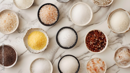 Assortment of Salt Varieties in Bowls on Marble Background