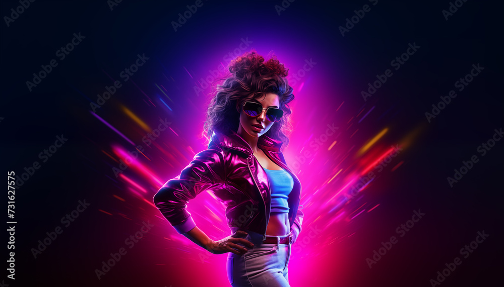 Beautiful synthwave girl in a nice looking clothes in a synthwave world, retrowave neon city. AI Generative.