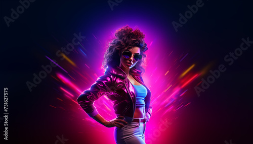 Beautiful synthwave girl in a nice looking clothes in a synthwave world  retrowave neon city. AI Generative.