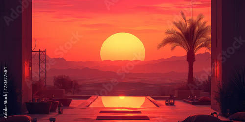Desert Iftar Sunset: The warm hues of a desert sunset setting the scene for an iftar meal, symbolizing the end of a day's fast with hope and gratitude, with Grateful Ramadan in warm