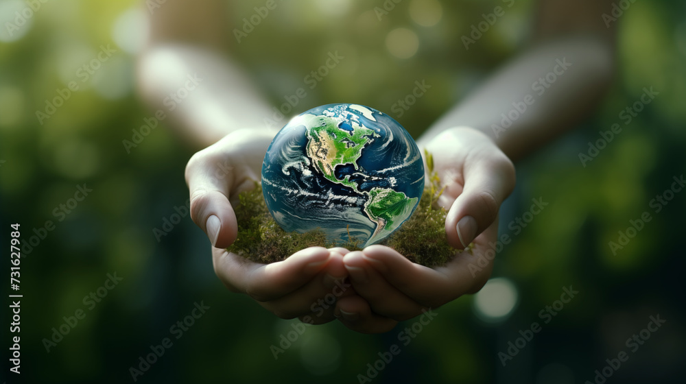 hands hold miniature Earth globe in a green background. Concept of care, sustainability and responsibility for the planet. hands hold miniature Earth globe in a green background. Concept of care, sustainability and responsibility for the planet.