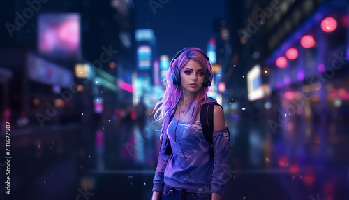 Beautiful synthwave girl in a nice looking clothes in a synthwave world, retrowave neon city. AI Generative. © martinez80