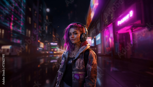 Beautiful synthwave girl in a nice looking clothes in a synthwave world, retrowave neon city. AI Generative.
